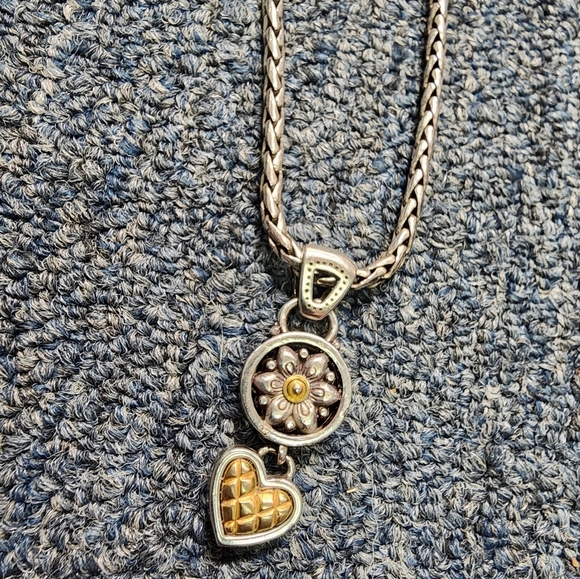 Brighton Chain Necklace w/Flower & Heart Pendant Silver/Gold Plated 14" - Picture 5 of 5
